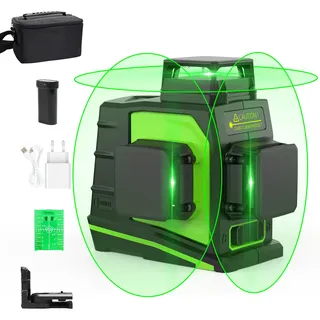 HUEPAR 3 x 360 Kreuzlinienlaser Grün, 360 Grad 3D Linienlaser Umschaltbare Selbstnivellierenden Laser Level mit Pulsfunktion, USB-Ladeanschluss, inkl.
