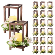Vevor 20er-Set Holzlaternen, inkl. 20x Laternen-Kerzenhaltern, 20x flammenlosen LED-Kerzen, 20x Champagner-Blumenkränzen für Hochzeitstisch, Party, Bauernhaus-Dekoration, Braun