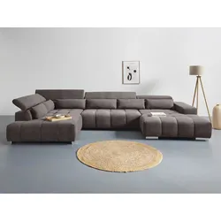 Wohnlandschaft COTTA "Orion U-Form", schwarz (charcoal), B:409cm H:73cm T:225cm, 100% Polyester, Sofas, mit Kopfteilverstellung & 6 Nierenkissen
