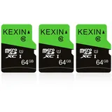 KEXIN Micro SD Karte 64GB 3er Pack, Speicherkarte Micro SD mit Adapter, UHS-I, U1, A1, C10 Microsdxc SD Karte 64 GB für Kamera, Smartphone, Monitor