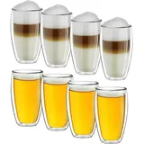 Creano Thermogläser doppelwandig 400ml „DG-SH“, 8er Set, große doppelwandige Gläser aus Borosilikatglas, Kaffeegläser, Teegläser, Latte Macchiato Gläser