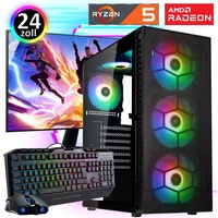 Gaming PC Komplett-Set AMD Ryzen 5 4600G - Radeon VEGA - 500GB M.2 NVMe SSD - 32GB DDR4 - Windows 11 Pro - W-LAN - Cooler Master 24" TFT - Tastatur...