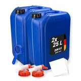 Trevendo 2er-Set Wasserkanister - Kunststoffkanister (25 Liter, DIN 61, Ø49 mm, blau) - lebensmittelecht & BPA-frei - inkl. Deckel, 2 Auslaufhähne, Ringschlüssel & 5 Beschriftungsetiketten