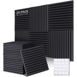 Ohuhu Akustikschaumstoff Akustikpaneele 24 Stück mit Aufkleber, 30 x 30 x 2,5 cm, Schalldämmung Wand Schallabsorber Akustikschaumplatten Schallschutz für Tonstudio Podcasts Gaming Deko, Schwarz