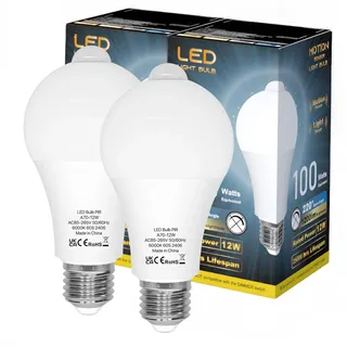 LUTW Glühbirne mit Bewegungsmelder, 12W E27 LED Lampe mit Bewegungsmelder Ersetzt 100W, 6000K Kaltweiß 1200lm, 220° Abstrahlwinkel Energiesparlampe für Flur, Garage, Balkon, Treppe, 2er Set