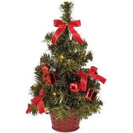 IDENA 8582154 - Deko-Weihnachtsbaum mit 20 LED in Warmweiß, ca. 35 cm hoch, mit rotem Baum-Schmuck im Topf, mit 6 Stunden Timer, batteriebetrieben, Deko für Innen, als Advents- und Weihnachtsdeko