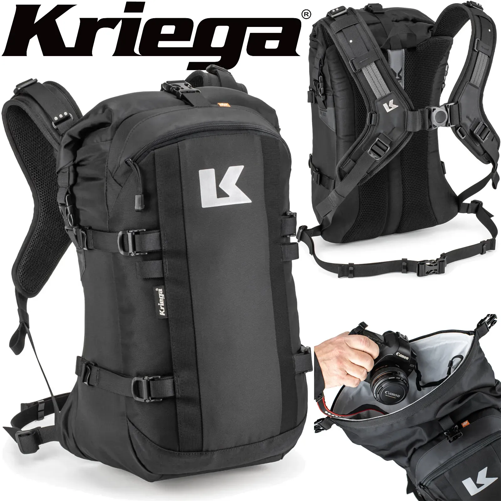 Kriega Motorrad-Rucksack R22 wasserdicht Hüftgurt Quadloc-Gurt-System mit Platz für Laptop Cordura Air-Mesh