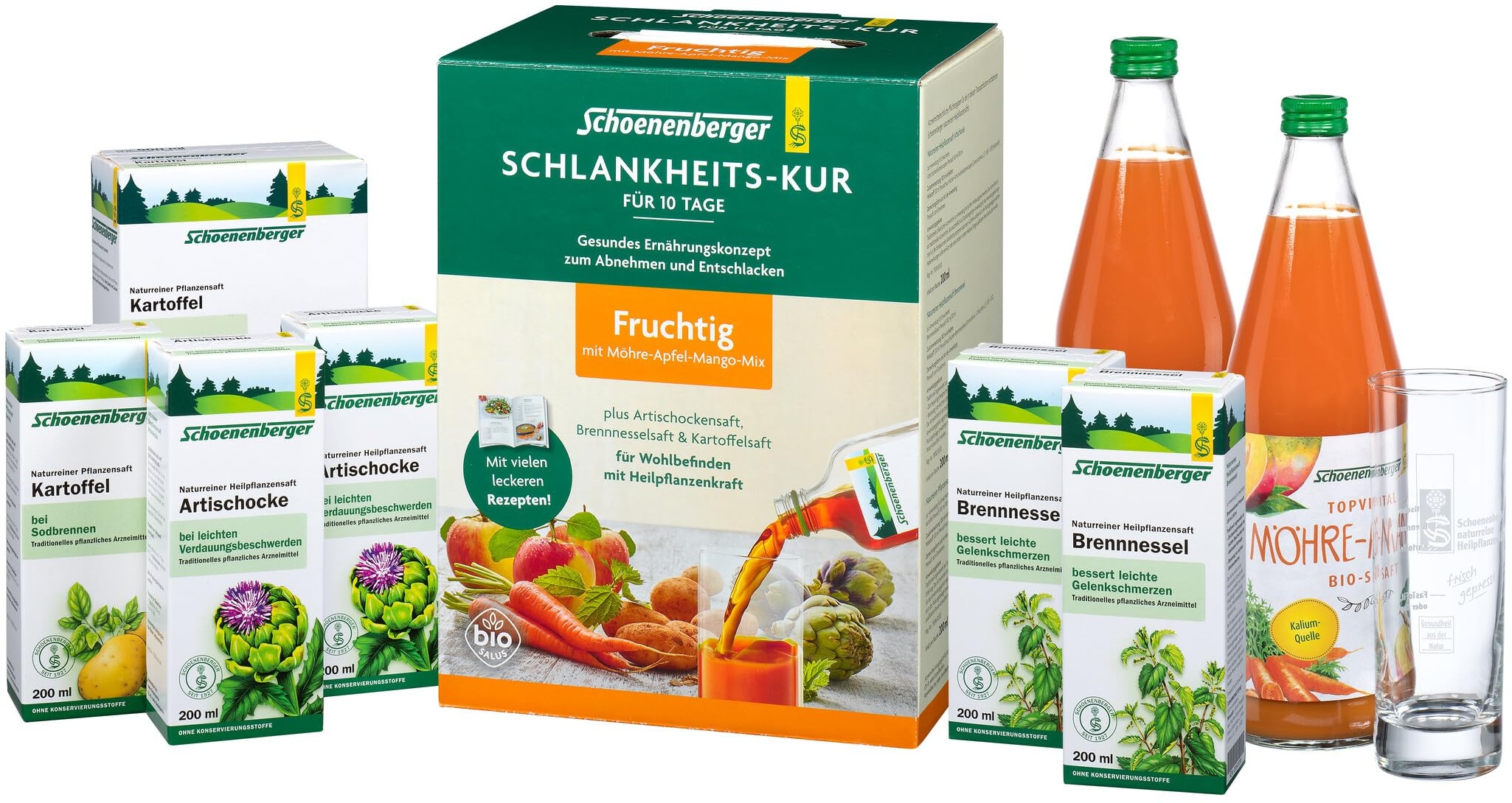 Schoenenberger - Schlankheits-Kur Fruchtig - 1 Set mit Möhre-Apfel-Mango-Mix, plus Artischockensaft, Brennnesselsaft, Kartoffelsaft - gesundes Ernährungskonzept zum Abnehmen - Kur für 10 Tage - bio