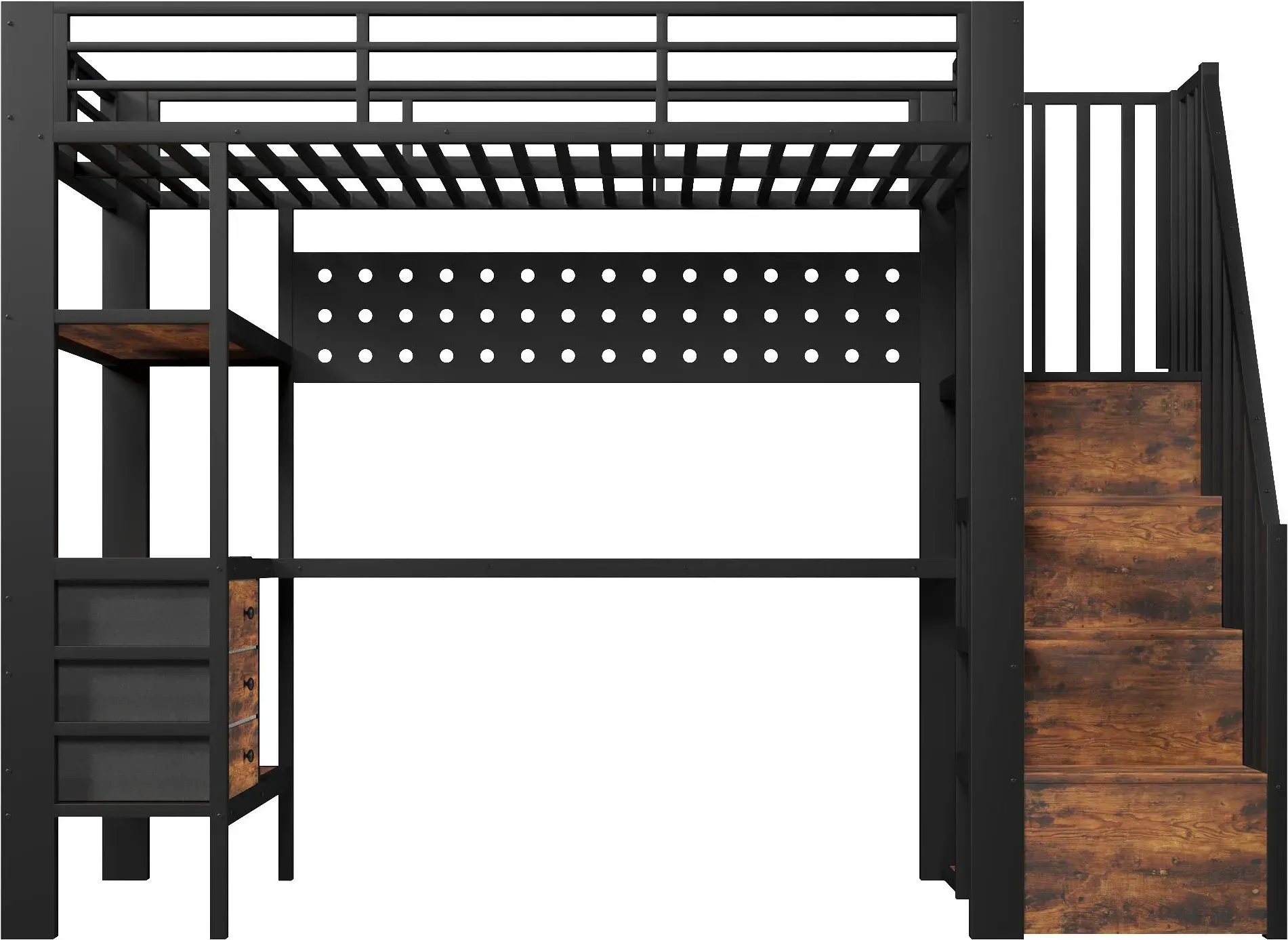 Hochbett 90×200 cm, Ablageböden, Treppe mit Stauraum, ohne Matratze, 251x96x170 cm, Schwarz