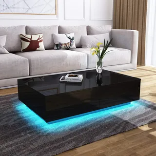 Couchtisch mit Stauraum, schwarz glänzender mit LED-Leuchten für Wohnzimmer, rechteckiger Mitteltisch mit 4 Schubladen, Heimbüromöbel