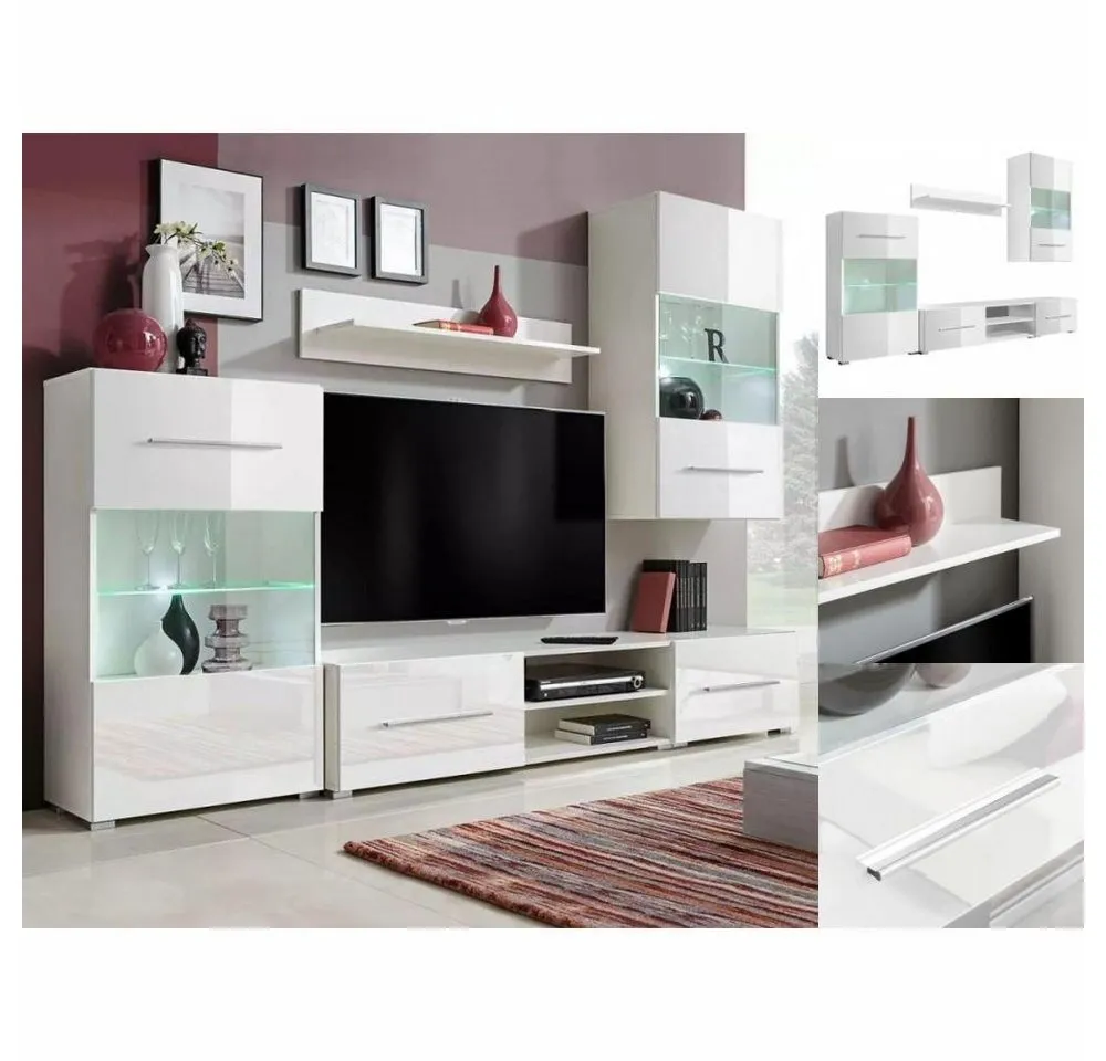 vidaXL TV-Schrank Fünfteilige Wohnwand TV-Schrank mit LED-Beleuchtung Weiß Lowboard weiß