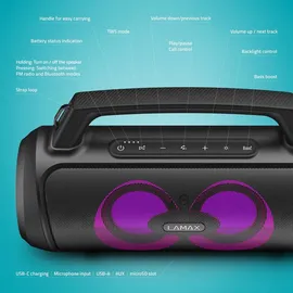 LAMAX PartyGo1 Play LXPSMPGO1PLBA (4 h, Bluetooth Lautsprecher, Schwarz