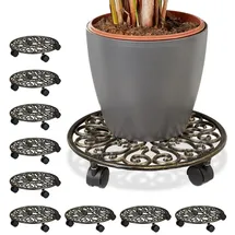Relaxdays 10x Pflanzenroller Gusseisen, rund, Ø 33,5 cm, Blumentopfuntersetzer, 4 Rollen, stabil, wetterfest, Blumenroller, bronze