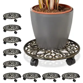 Relaxdays 10x Pflanzenroller Gusseisen, rund, Ø 33,5 cm, Blumentopfuntersetzer, 4 Rollen, stabil, wetterfest, Blumenroller, bronze