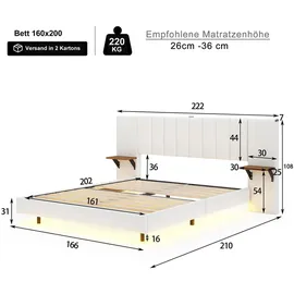 XDOVET Polsterbett mit Seitlichen Ablagen USB-Ladeanschluss und LED-Leiste Doppelbett Flachbett Verdecktes Fußteil Leinenstoff 160*200 cm Beige - Beige