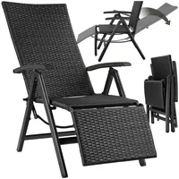 tectake® Alu Polyrattan Gartenstuhl mit Armlehnen, Campingstuhl mit 6-Fach Verstellbarer Rückenlehne, klappbar, Relaxsessel mit Liegefunktion, wetterfest, Klappstuhl mit Fußablage - schwarz
