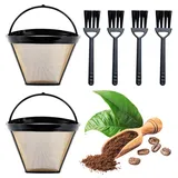 Kaffeefilter Wiederverwendbar, 2 Stück Gold mit 4 Reinigungsbürsten, Edelstahl Filter für Kaffeezubereitung, Langlebige Metall Kaffeefilter für Haushalt und Büro