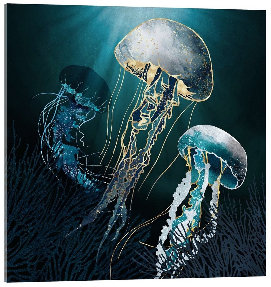 Posterlounge Acrylglasbild SpaceFrog Designs, Metallische Quallen in türkismetalic, Malerei blau 50 cm x 50 cm