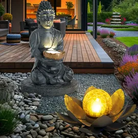 GLOBO 2er Set LED Solarleuchten, 1x Lotusblume 1x Buddha
