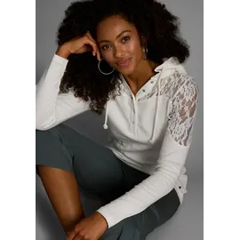 KangaROOS Kapuzenshirt Langarm, figurbetonter Schnitt, mit Spitze und Print, aus Baumwolle, Gr. 32/34, offwhite, , 283698-32