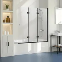Vevor Badewannen Duschtür (1295 x 1422 mm / B x H) rahmenlose, klappbare Duschtür mit Scharnier, dreifach gefaltete Duschglastür mit 180° drehbares Design, für Badewanne, schwarz