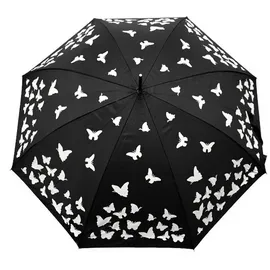 SUSINO Stockschirm mit Schmetterlingsmotiv-Verfärbung im Regen, Ø103 cm mit schwarzem Griff Schwarz