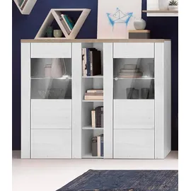 Home Affaire Highboard HOME AFFAIRE "Larona, zeitlose Hochkommode mit 2 Türen, Türkommode, Höhe 129,5 cm", weiß (sibiu weiß, eichefarben sägerau dunkel), B:155cm H:130cm T:37cm, Sideboards, Highboard, Anrichte mit dekorative Rahmenoptik, Türen mit Glaseinsatz