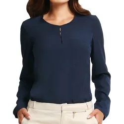 AWAMA Damen Bluse modische Schlupf-Bluse mit Tasche leichte Business-Bluse Langarm-Bluse zum Binden 108 Navy - XL