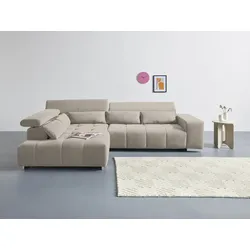 Ecksofa COTTA "Orion L-Form", beige, B:310cm H:70cm T:225cm, 100% Polyester, Sofas, mit Kopfteilverstellung & 5 Nierenkissen
