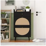 IDEASY Schuhschrank 60cm Länge, Natürliches Rattan, Korbschrank (Austauschbare Halbrunde Türen, Doppeltes Regal, Ohne Rückwand) für Flur mit Schublade & 2 Türen, Rattan Schuhregal mit Stauraum schwarz