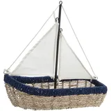 Aufbewahrungskorb Segelschiff Maritim - Dekokorb aus Seegras & Eisen - Nordisches Flair für Zuhause - L 45 x B 20 x H 45 cm - Blau Natur Weiss