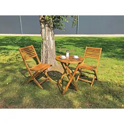 Balkonset GARDEN PLEASURE "»IBARRA«", braun (teak, look, teak, look), FSC-zertifizierter Holzwerkstoff, Sitzmöbel-Sets, 2 Stühle (klappbar), Tisch Ø60 cm, klappbar