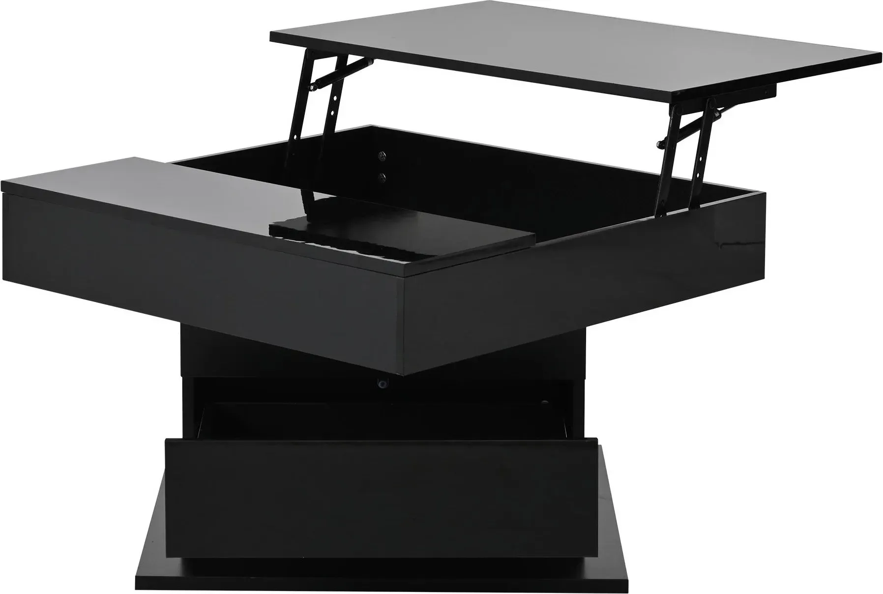 360° drehbarer Couchtisch mit Hebefunktion, verstecktem Stauraum und 1 Schublade, 70x70x45 cm, Schwarz