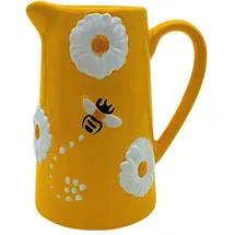 Dekohelden24 Dekovase, Blumenvase, Keramikvase, Vase mit Bienen und Mageriten, Vase mit Bienen Dekor aus Keramik mit Griff in Kannenform, in gelb, L/B/H 11 x 8 x 14 cm.