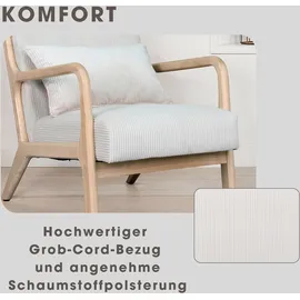 byLIVING Sessel NOHR Grob-Cord 65,5 x 78 x 84 cm Weiß mit Zierkissen