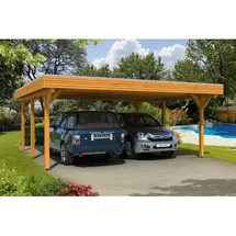 SKANHOLZ Spessart Doppelcarport 6,11 x 6,04 m lasiert - beige inkl. Regenrinne, Pfostenanker