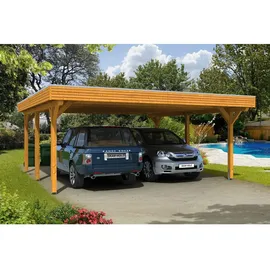 SKANHOLZ Spessart Doppelcarport 6,11 x 6,04 m lasiert - beige inkl. Regenrinne, Pfostenanker