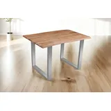 Esstisch Baumkante Akazie massiv eichenfarben 140 x 80 cm U-Gestell silber DEREK - Beige