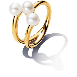 Pandora Essence Behandelte Süßwasserzuchtperle offener Ring aus Sterling Silber mit vergoldeter Metalllegierung, Größe: 56,