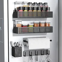 largeight Magnetisches Gewürzregal für Kühlschrank, 2 Etagen und Papierhandtuchhalter und Utensilienhalter, magnetischer Kühlschrank-Organizer mit Haken, starkes magnetisches Kühlschrankregal, seitlicher