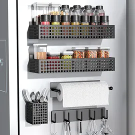 largeight Magnetisches Gewürzregal für Kühlschrank, 2 Etagen und Papierhandtuchhalter und Utensilienhalter, magnetischer Kühlschrank-Organizer mit Haken, starkes magnetisches Kühlschrankregal, seitlicher