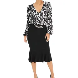 stilsicheres Damen Midi-Kleid Sommer-Kleid mit Blusenoberteil und Bleistift-Rock Business-Kleid 912462 Schwarz/Weiß - 36/38