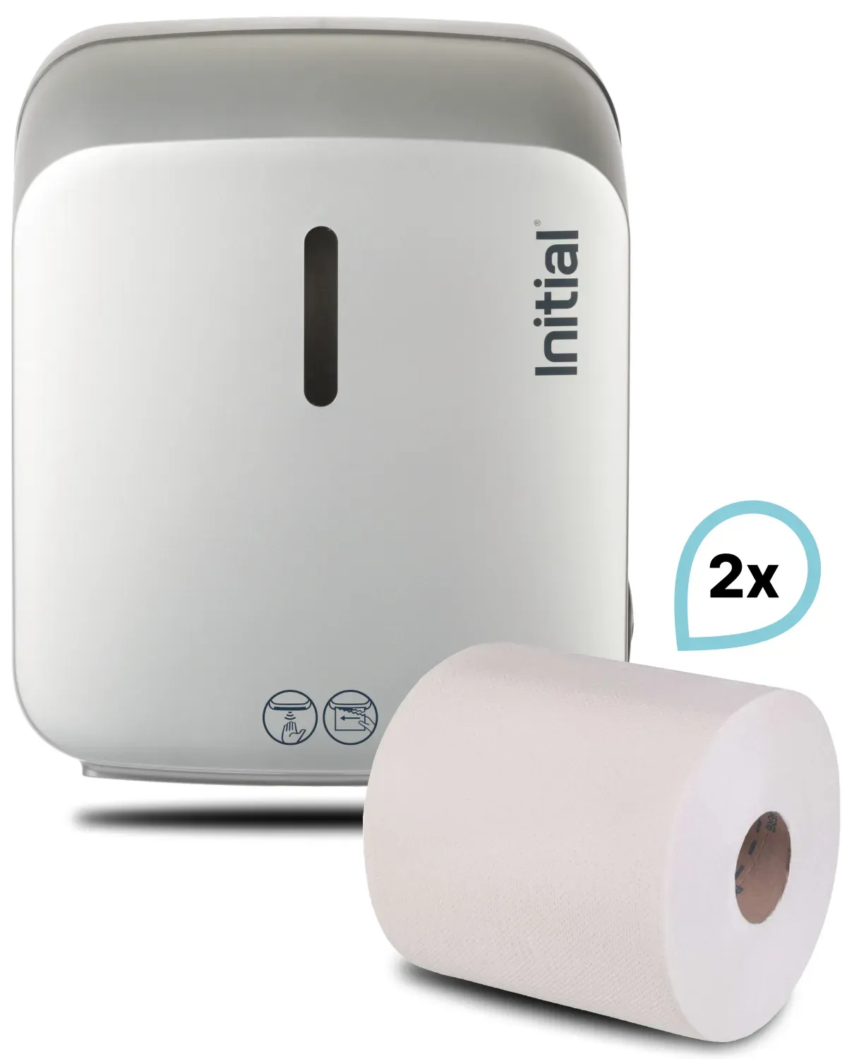 SET: Papierrollenspender Signature ShortCut SENSOR, berührungslos, weiß u. Silber +2Premium Handtuchrollen, Rentokil INITIAL