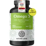 Omega 3 - hochdosiert mit 650mg Omega 3 Fettsäuren pro Tagesdosis - 365 kleine Kapseln mit Spitzenrohstoff AlaskOmega® (MSC-zertifiziert) - ohne Zusätze in Deutschland produziert