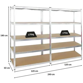 Proregal Lagerregal Metall 120x180x60 cm Silber 5 Fachböden