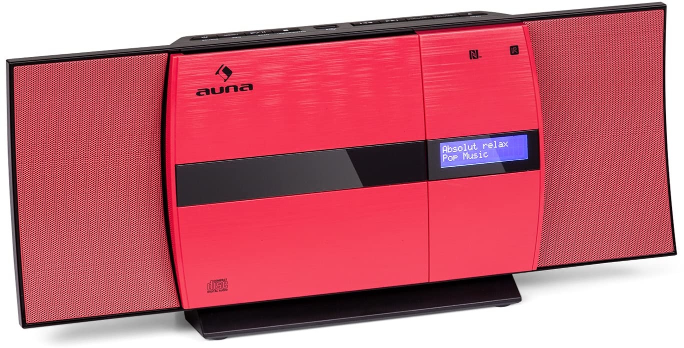 auna V-20 Kompaktanlage - Stereoanlage mit CD-Player und DAB+ Tuner, Mini HiFi Anlage mit UKW-Empfänger, Bluetooth, NFC, USB, MP3, AUX, Fernbedienung, LED-Display, Wandmontage möglich, rot