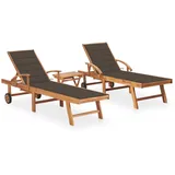 vidaXL Sonnenliegen 2 Stk. mit Tisch und Auflagen Massivholz Teak Kissenfarbe Taupe