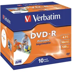 Verbatim DVD-Rohlinge bedruckbar DVD-R 4,7GB/16x im Jewel Case VE=10x10 Stück