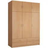 Masseno Drehtürenschrank, Buche, Holzwerkstoff, 5 Fächer, 4 Schubladen, Rechteckig, 135x194x54.6 cm, Schlafzimmer, Kleiderschränke, Drehtürenschränke