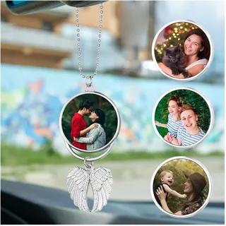 Auto Deko Innenraum,Autospiegel Anhänger,Rückspiegel Anhänger mit Gravur Engelsflügel Aufhänger,Autozubehör mit Personalisierter Fotogravur geschenke (Silber)